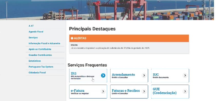 Página de Principais Destaques do Portal das Finanças com o atalho para IRS