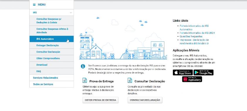 Menu lateral do IRS com a opção IRS Automático selecionada
