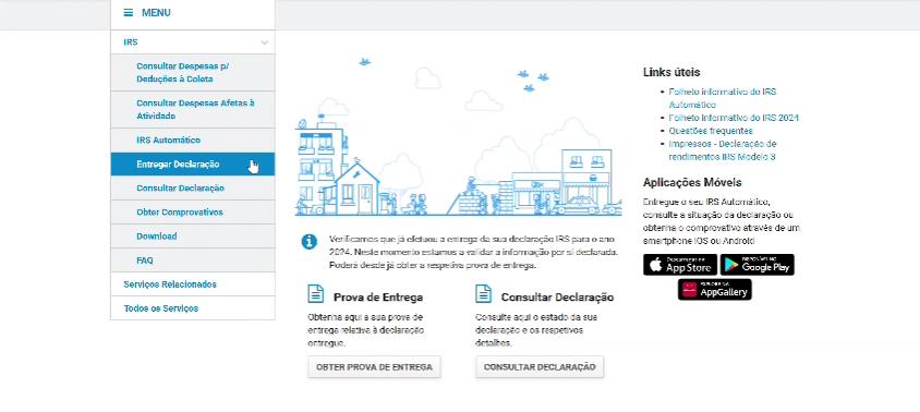 Menu lateral do IRS com a opção Entregar Declaração selecionada