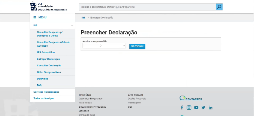 Ecrã Preencher Declaração para escolher o ano pretendido