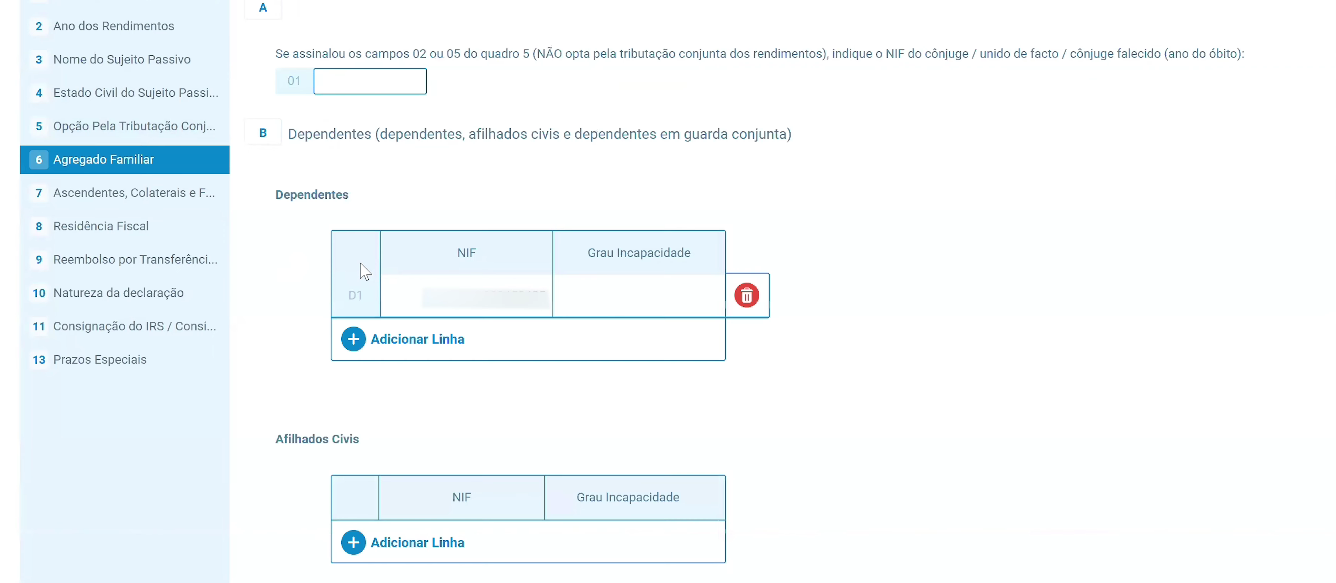 Tabela para adicionar dependentes e afilhados civis ao agregado familiar