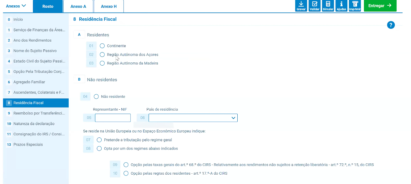 Ecrã de residência fiscal com opções para residentes e não residentes
