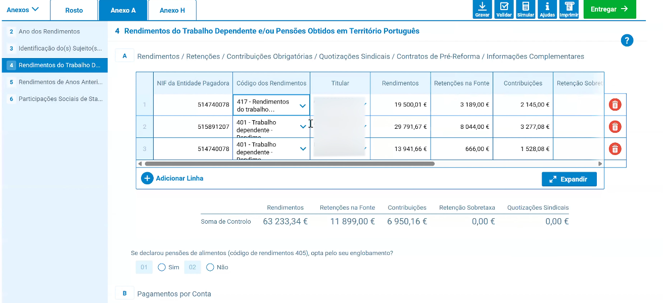Anexo A com o código de rendimentos 417 selecionado para beneficiar do IRS Jovem