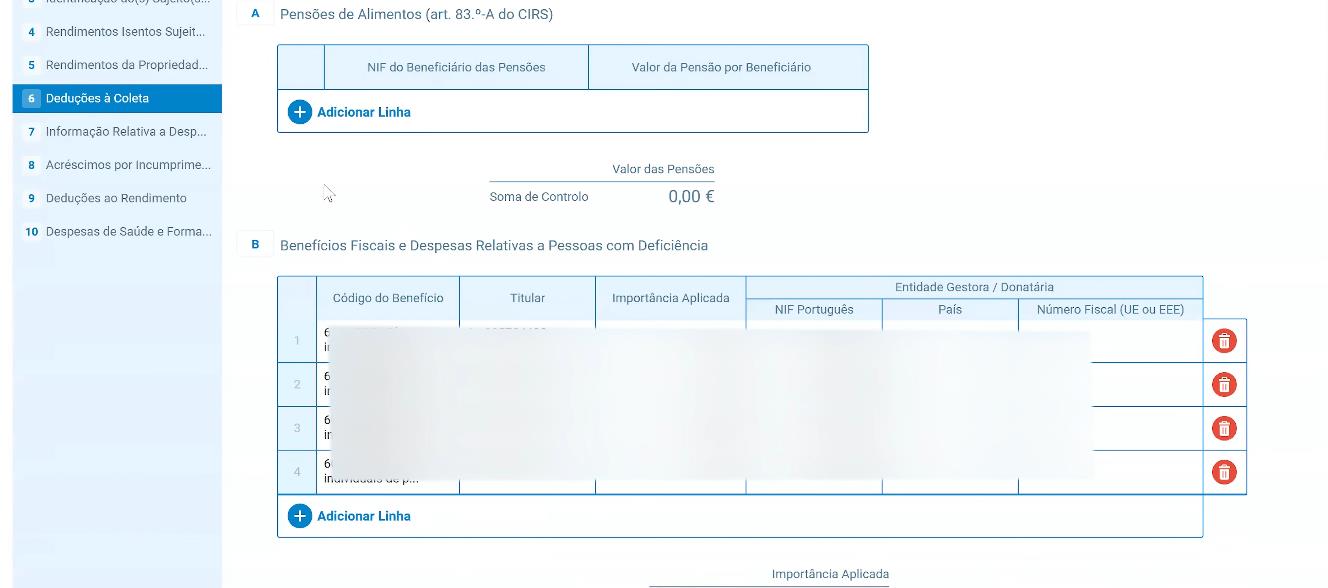 Anexo H com os quadros de Pensões de Alimentos e Benefícios Fiscais e Despesas Relativas a Pessoas com Deficiência