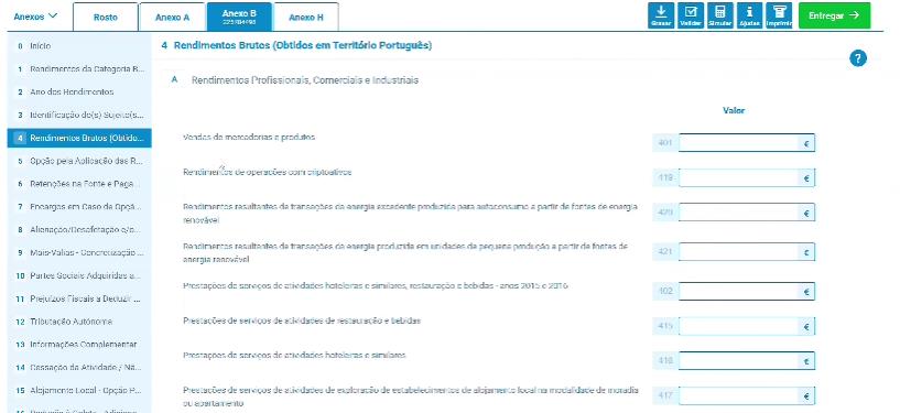 Anexo B, quadro 4, rendimentos brutos profissionais, comerciais e industriais