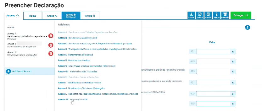 Menu Adicionar Anexo com o Anexo SS Segurança Social destacado